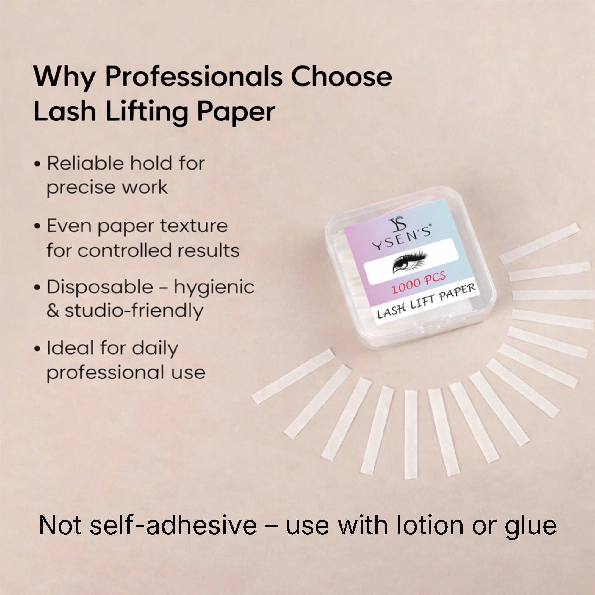 YSEN’S disposable non-self-adhesive lash lift paper strips arranged around a clear storage box