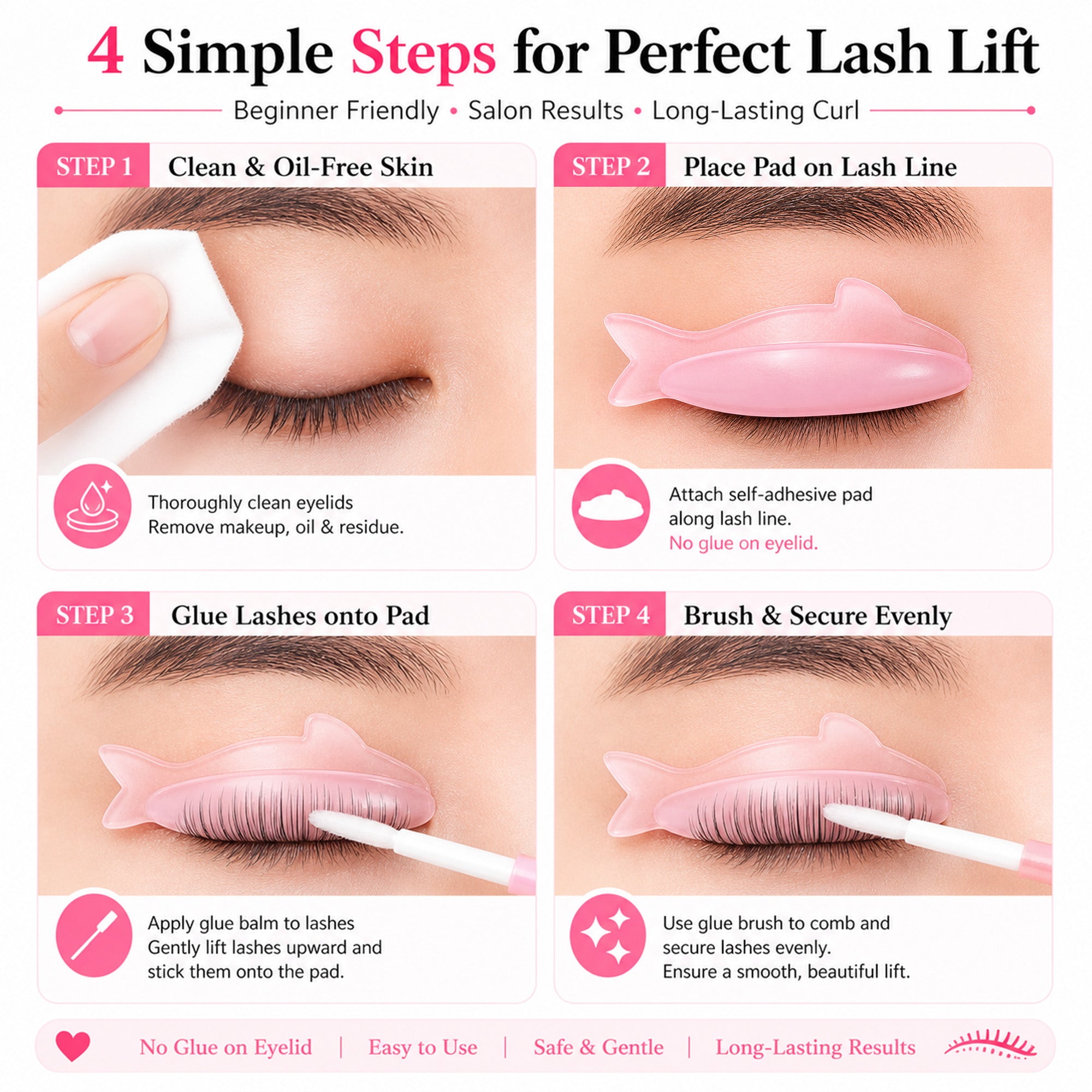 Four-step guide for fitting YSEN’S fish-shaped shields and arranging natural lashes with glue balm