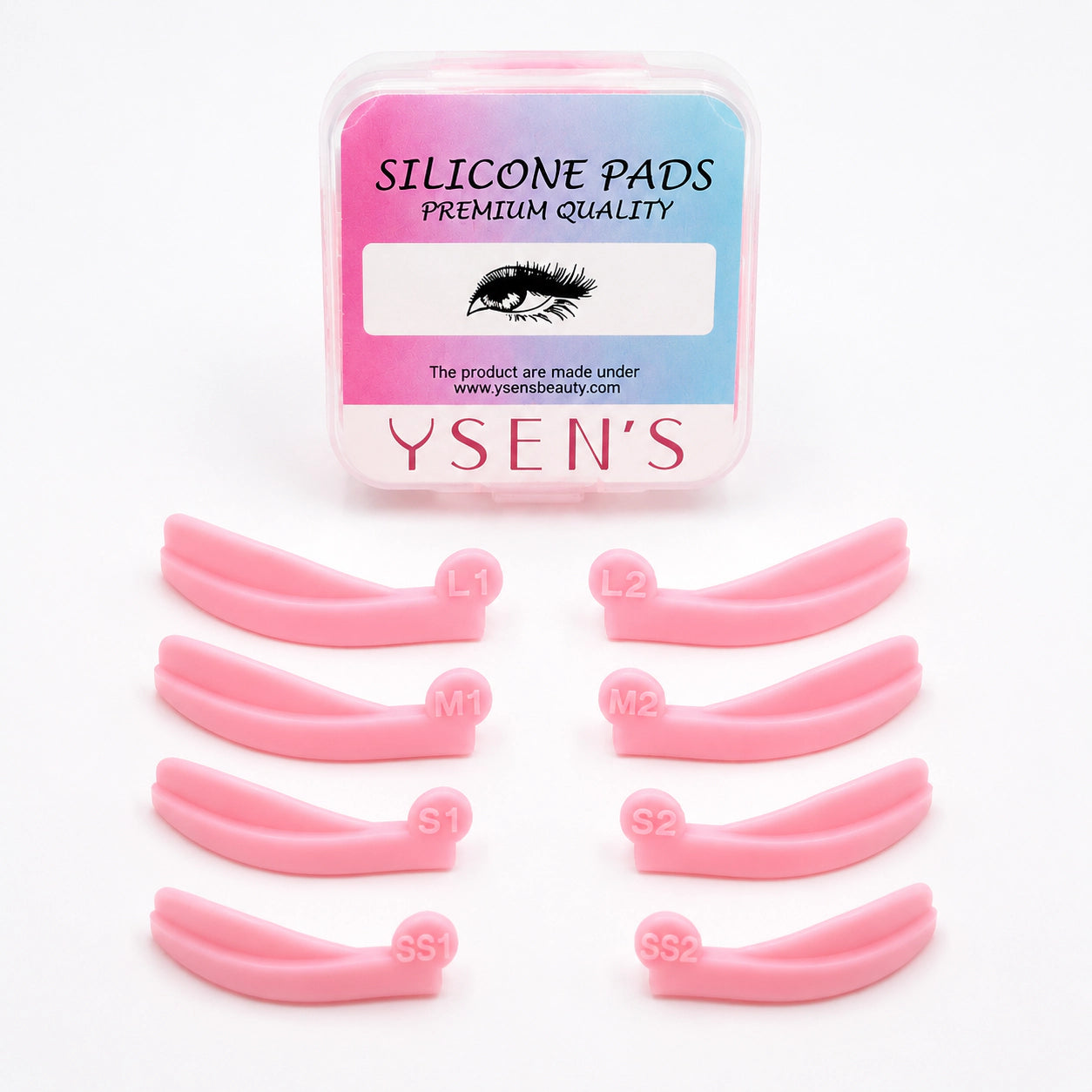 YSEN’S pink J-curl silicone lash lift rods in SS, S, M and L pairs with storage case