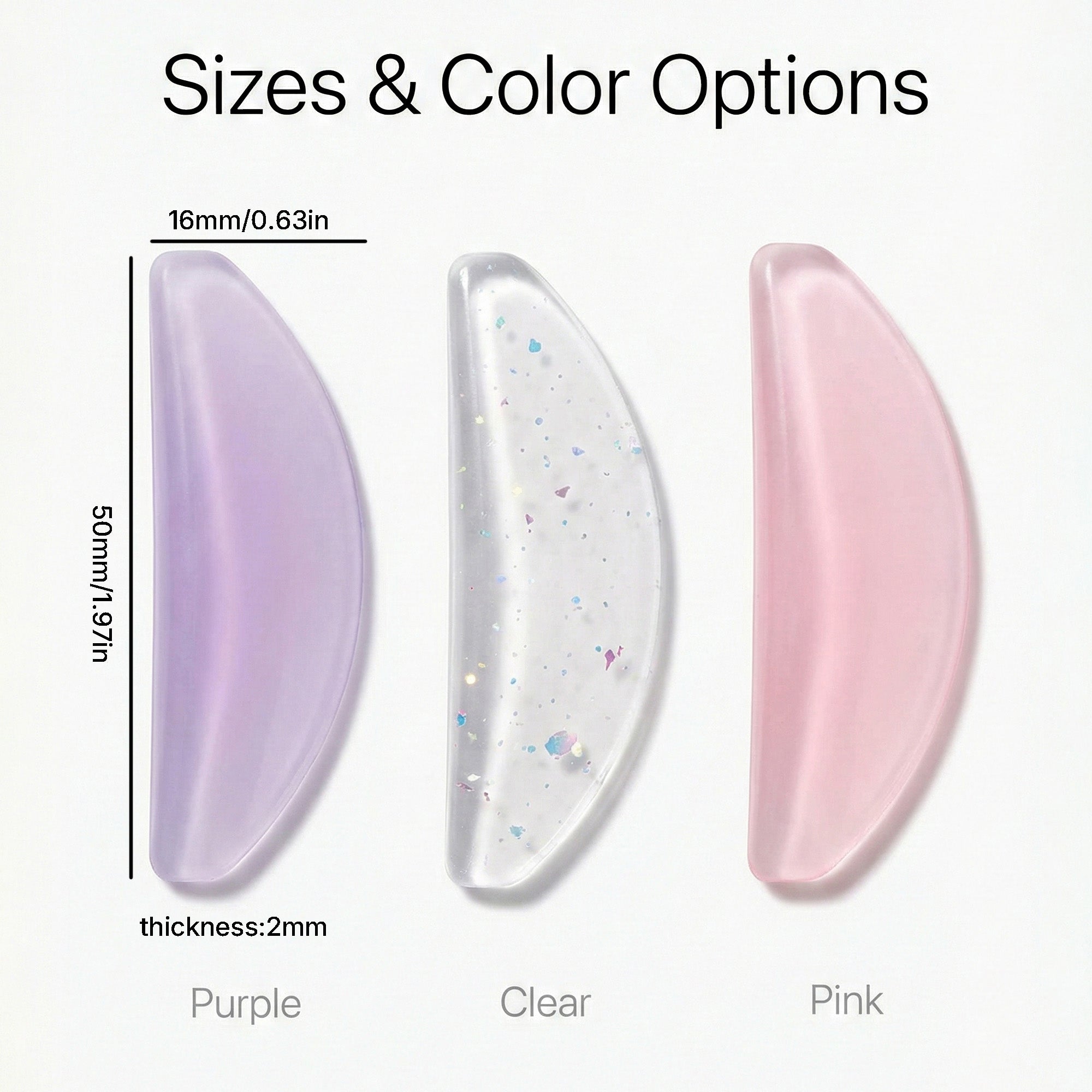 YSEN’S Korean lash lift silicone pads size and color options showing purple clear and pink pads with 50mm length and 2mm thickness