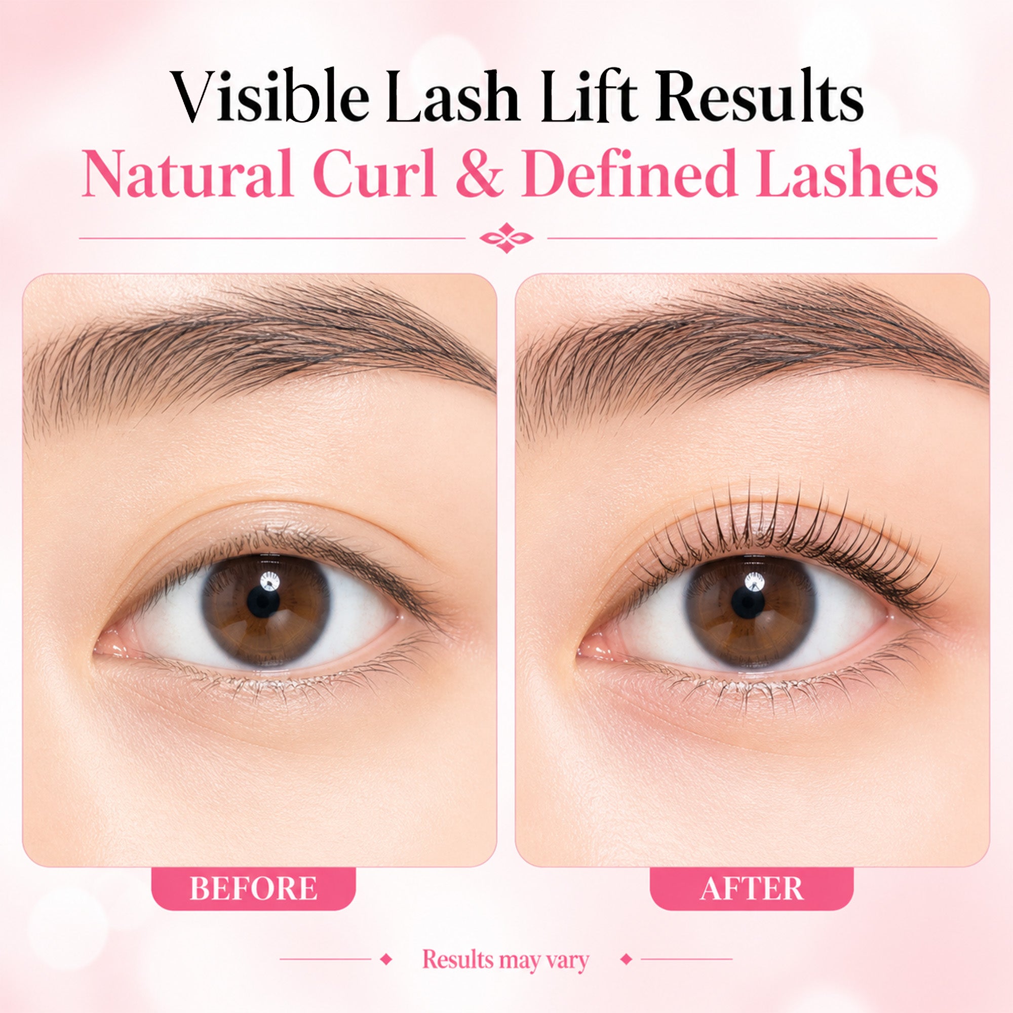 Illustrative before-and-after view of natural eyelashes following a lash lift service