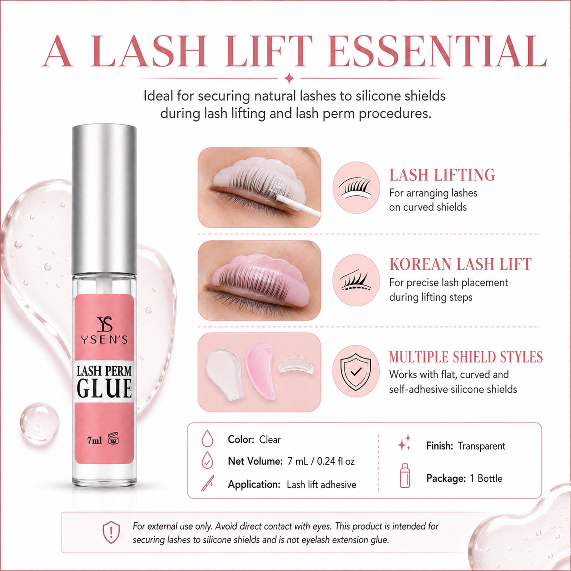 YSEN’S clear lash lift glue shown with curved, flat and self-adhesive silicone lash lift shield styles
