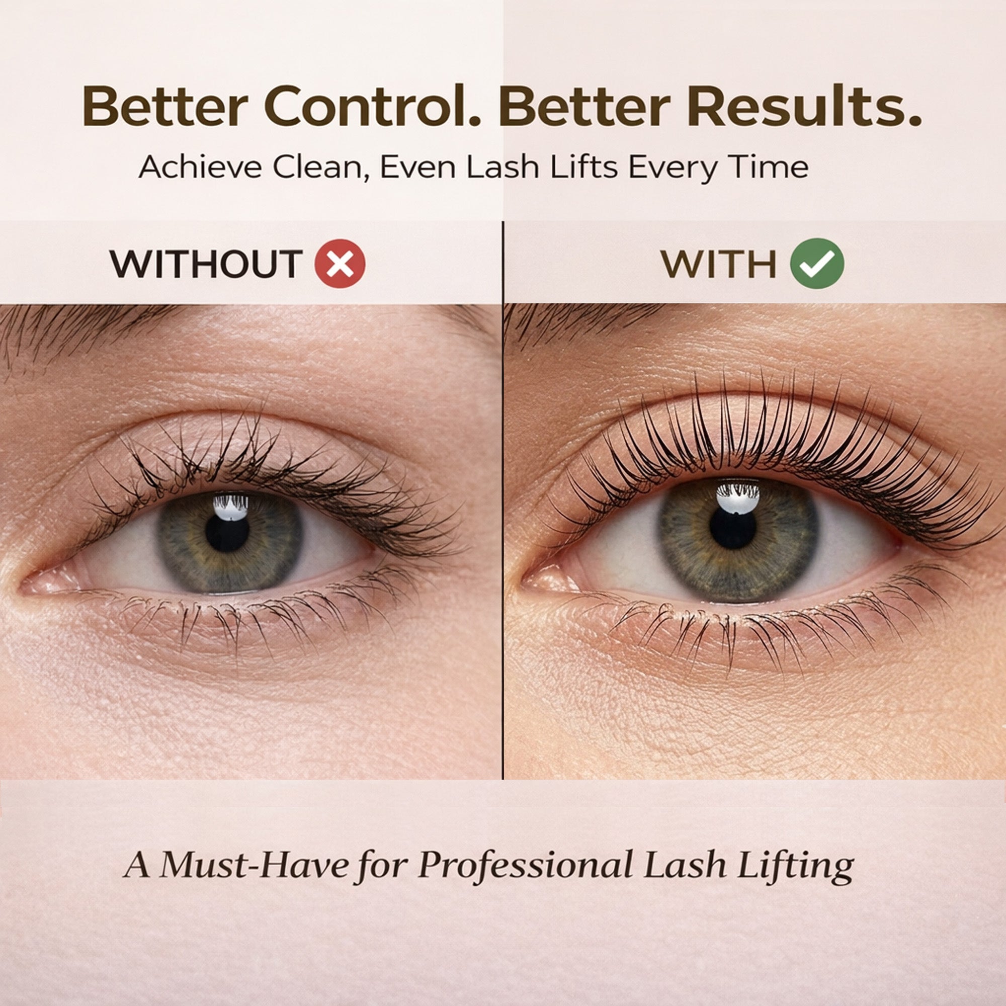 Close-up comparison graphic showing crossed lashes and evenly separated lashes after a lash lift workflow