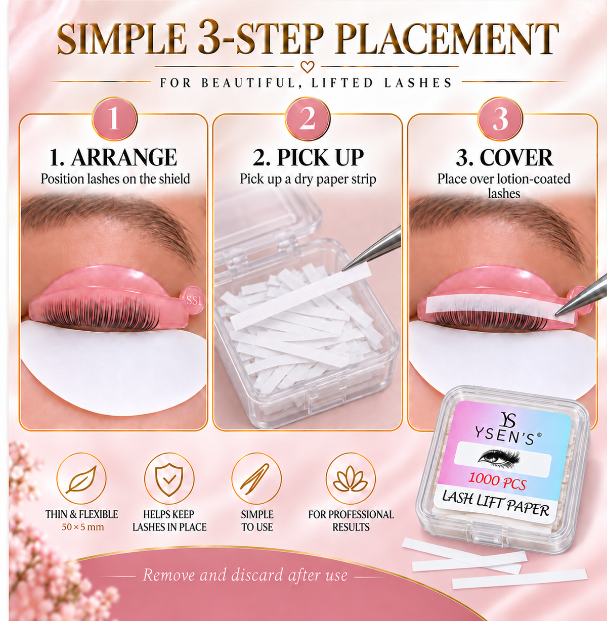 YSEN’S lash lift paper placement: arrange lashes, pick up a dry strip, and cover lotion-coated lashes