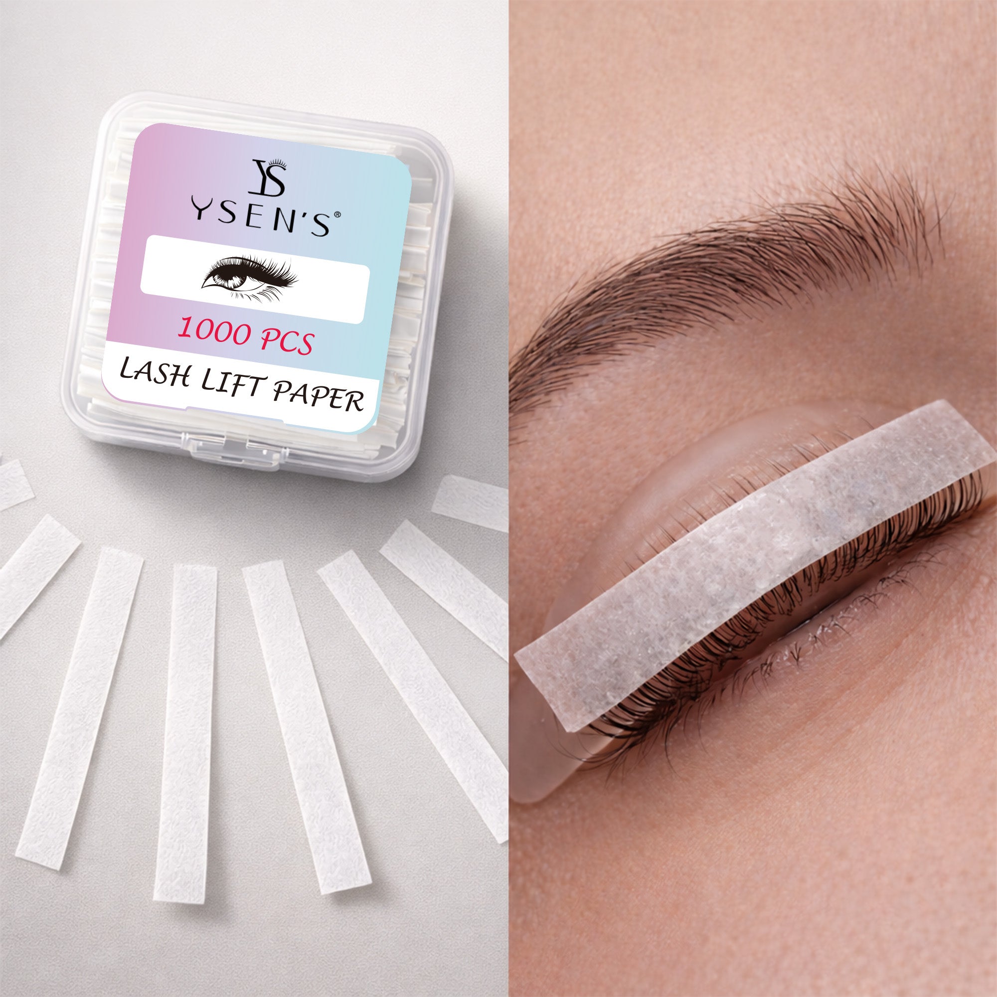 YSEN’S 1000-piece lash lift paper strip box with white strips and a strip placed over lashes on a silicone shield