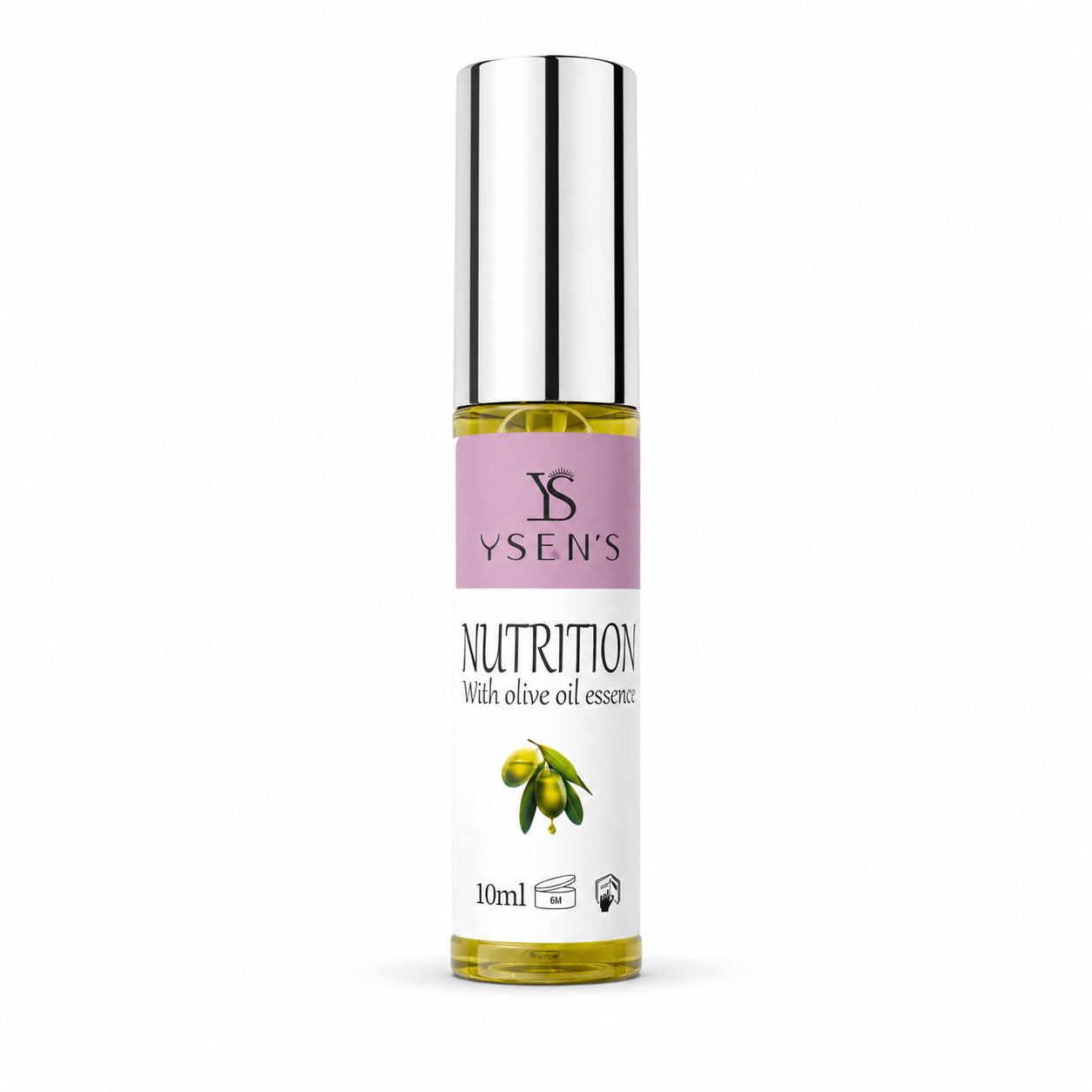 YSEN’S lash nourishing essence with olive oil essence in a 10ml bottle with silver cap