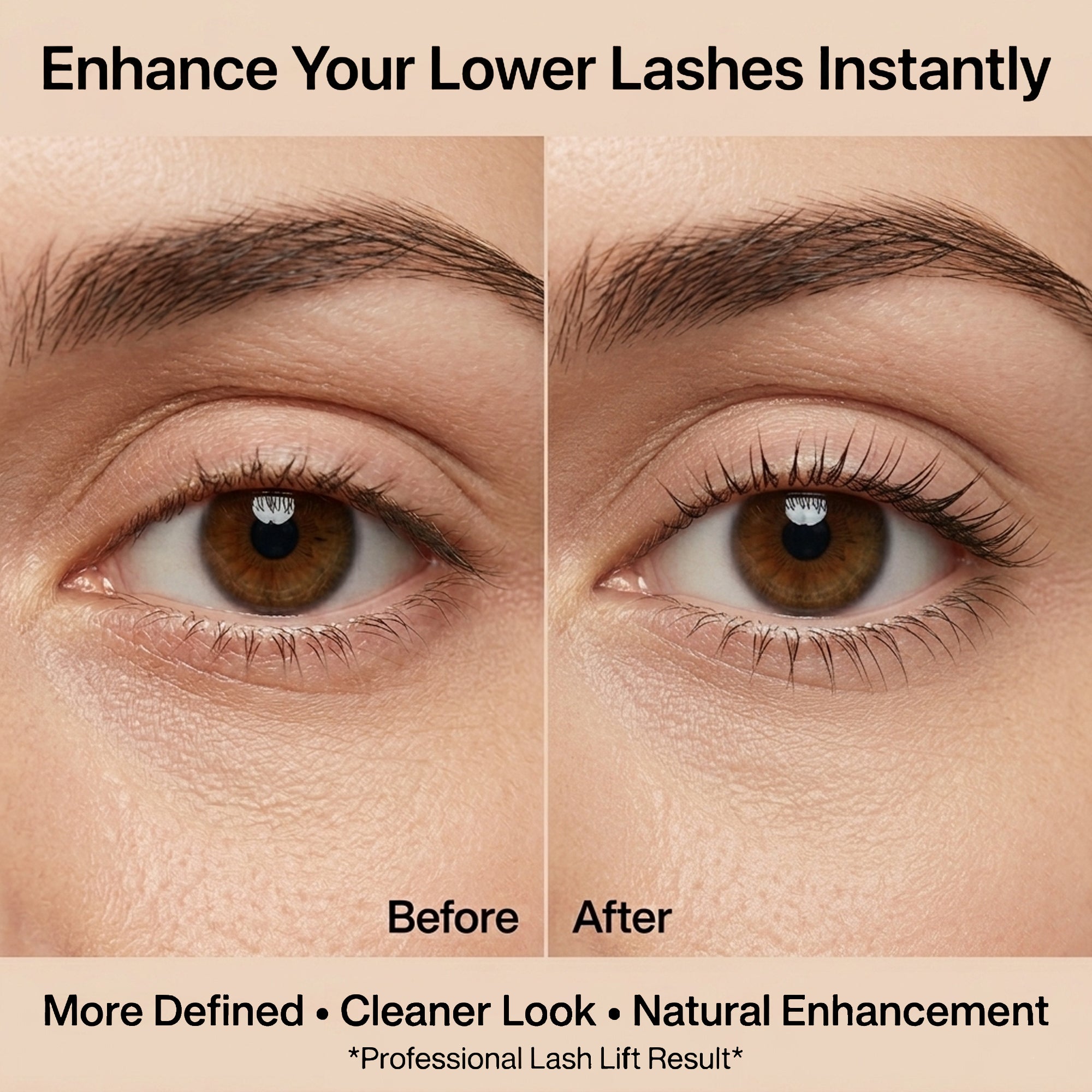 Before-and-after visual comparing the direction and separation of lower lashes following a professional lash workflow