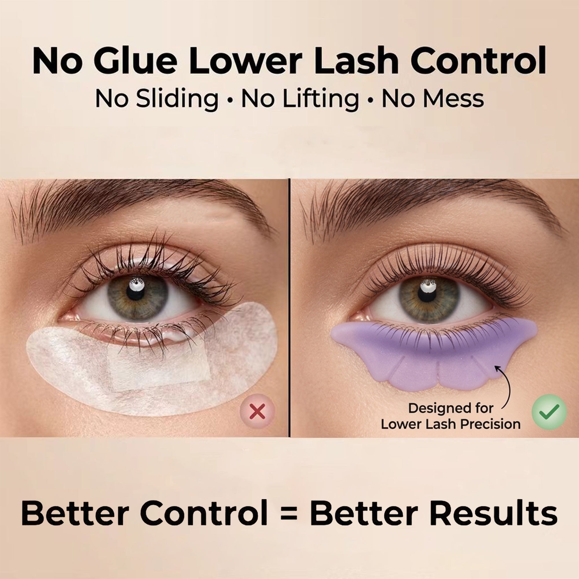 Purple YSEN’S lower lash shield fitted beneath the lower lash line beside a comparison with a standard white eye patch