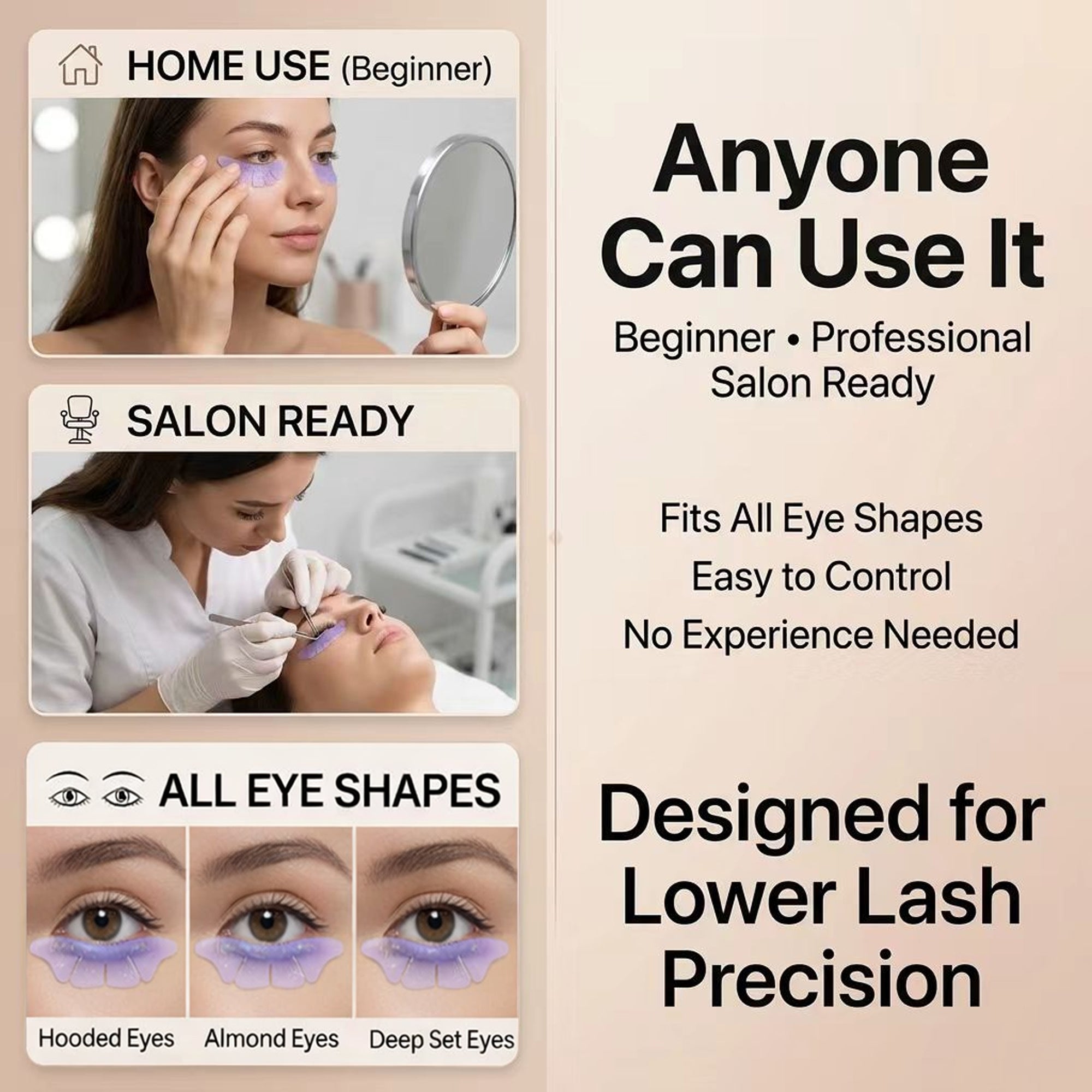 Placement guide showing purple lower lash shields beneath different eye shapes in personal and salon settings