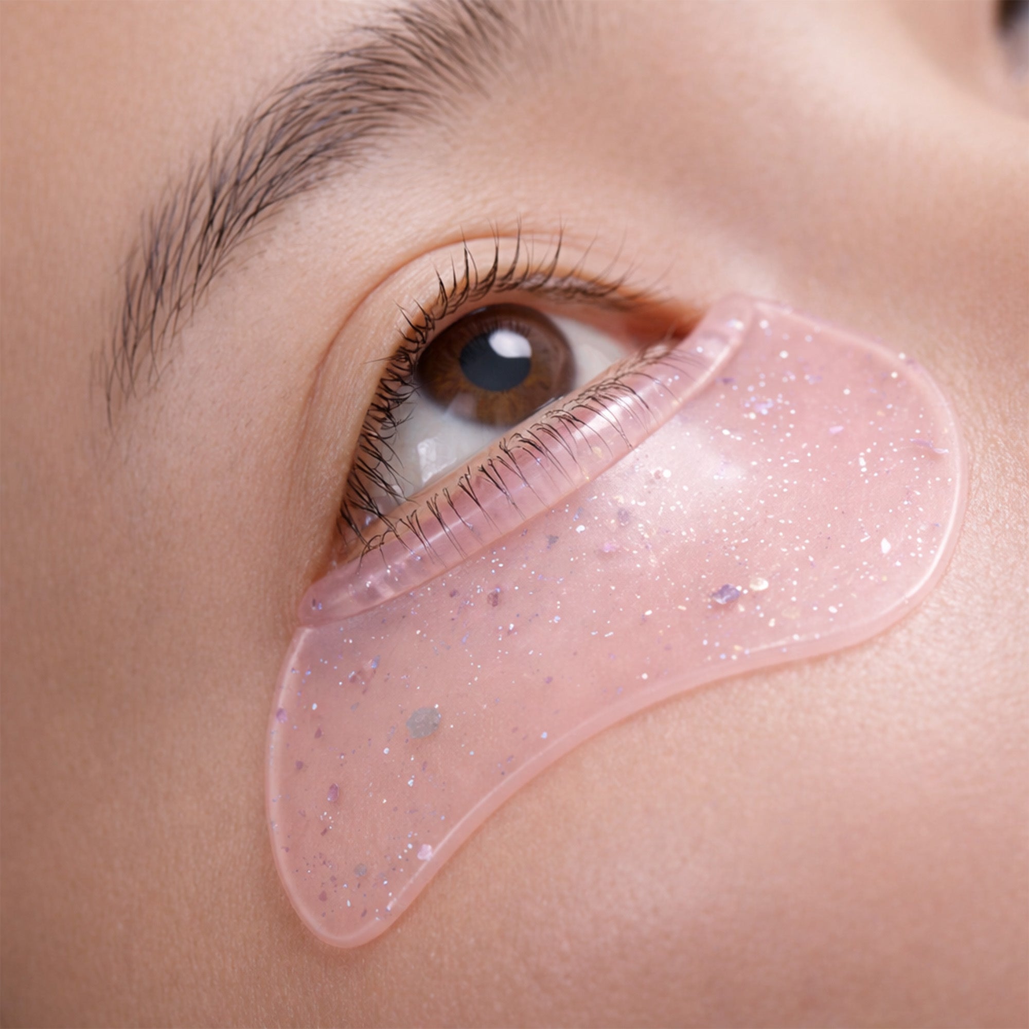 Pink glitter YSEN’S flat lower lash shield positioned beneath the eye with bottom lashes arranged along its curved edge
