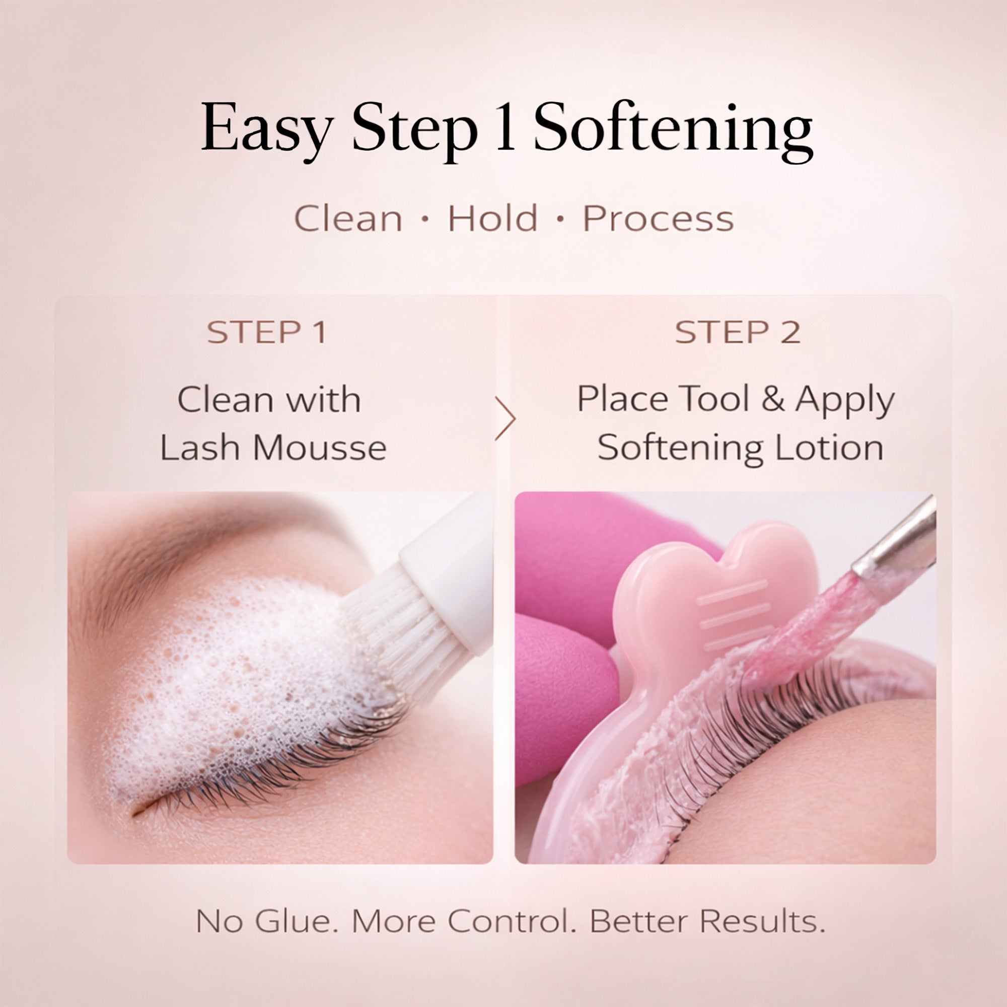 Two-stage lash softening workflow showing lash cleansing followed by reverse shield placement and Step 1 lotion application