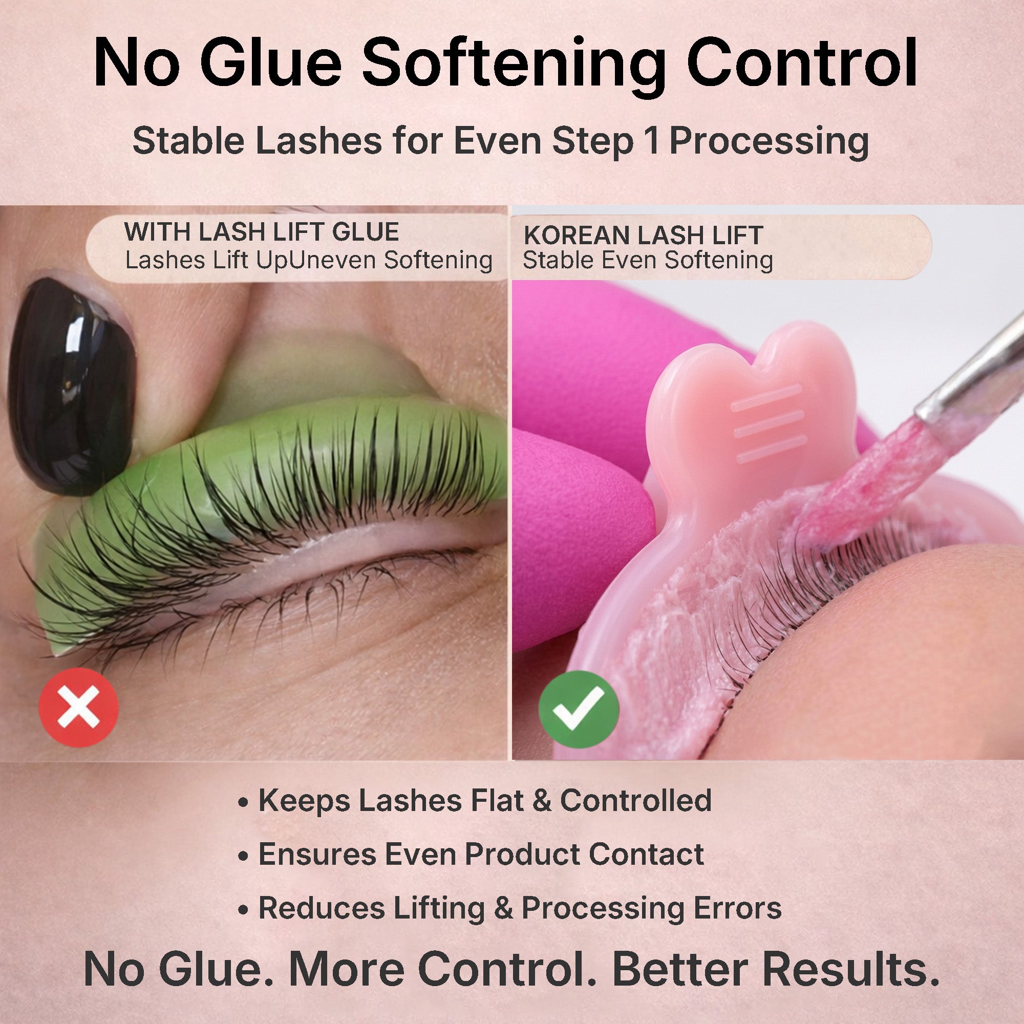 Comparison of traditional adhesive placement and a pink reverse shield used to keep lashes flat during Step 1 softening
