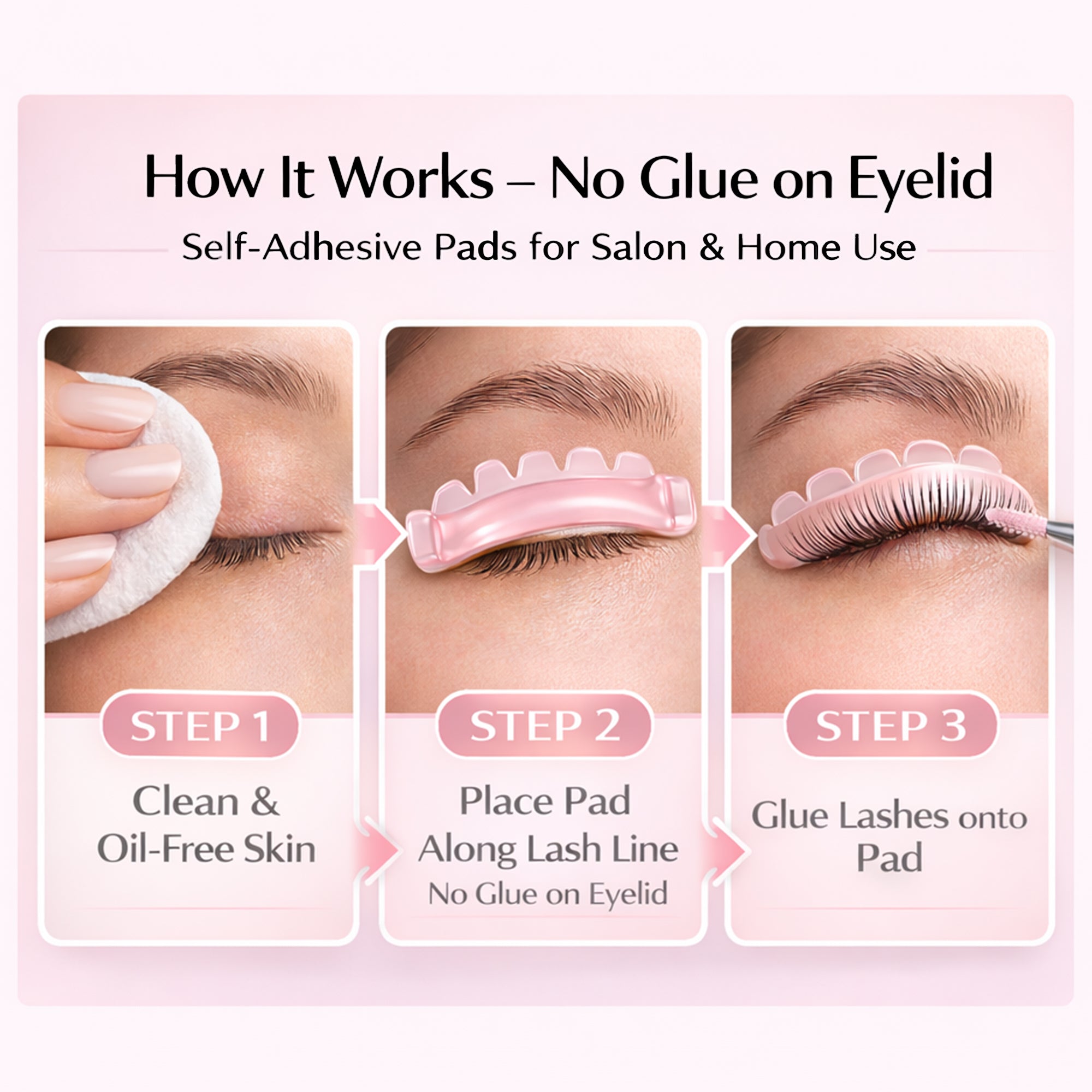 Three-step guide for fitting a YSEN’S self-adhesive shield and positioning natural lashes