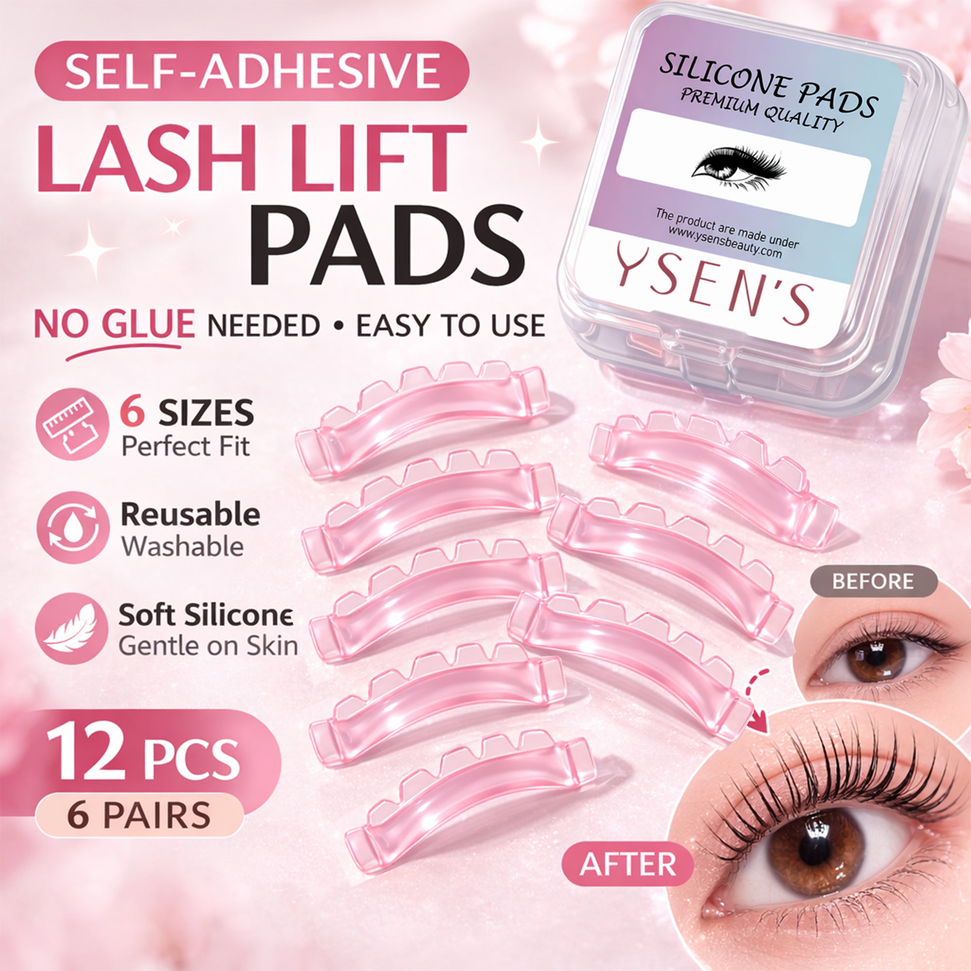 YSEN’S 12-piece self-adhesive lash lift shield set with six assorted sizes and storage case