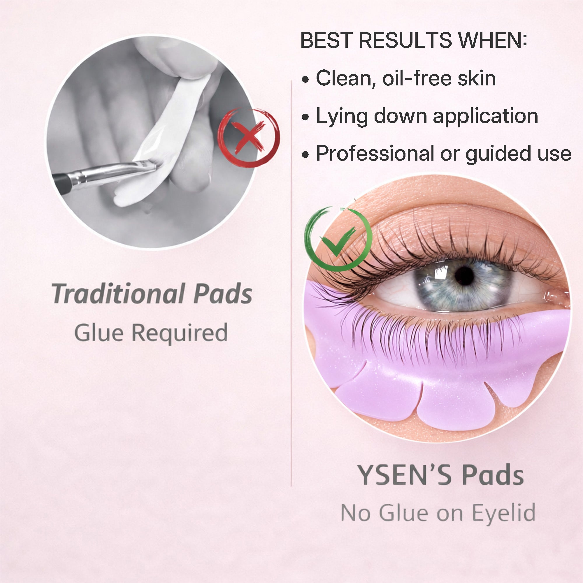 Comparison of a traditional under-eye patch and a purple self-adhesive YSEN’S lower lash shield on clean oil-free skin