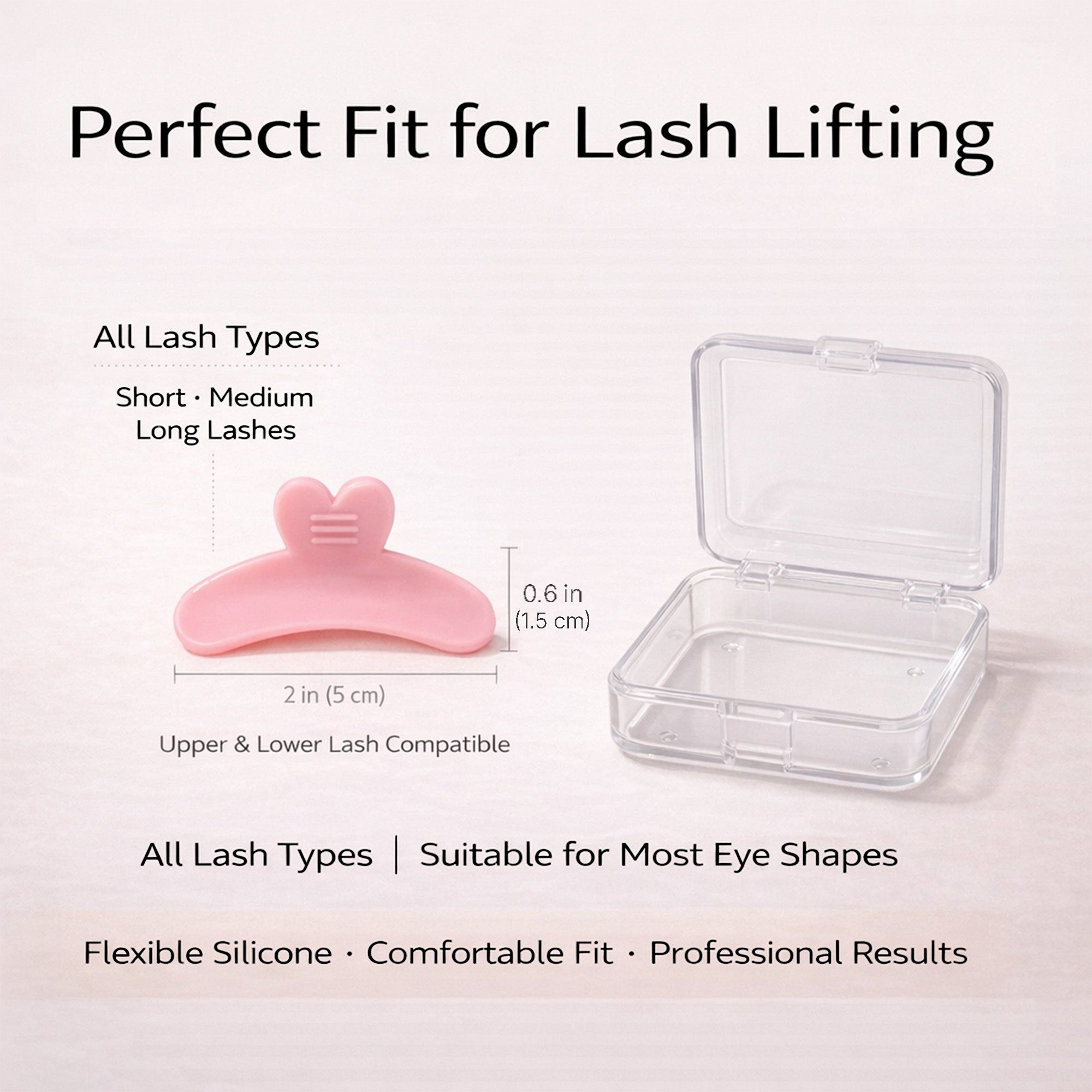 YSEN’S pink Step 1 reverse lash lift shield size guide showing approximately 5 cm width and 1.5 cm height with storage case